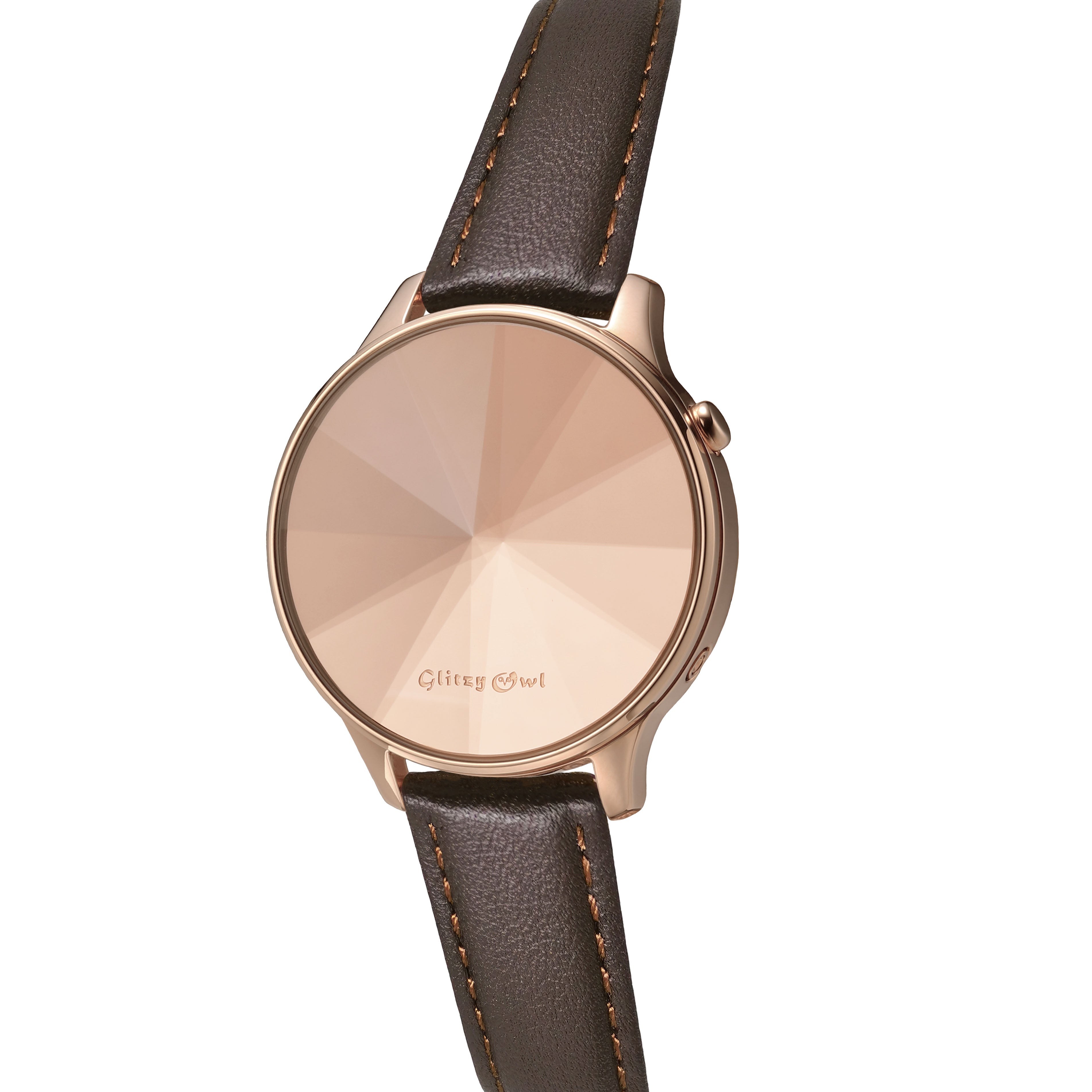 THE DIAMOND LED Rose Gold-Tone Stainless Steel Brown Leather Watch