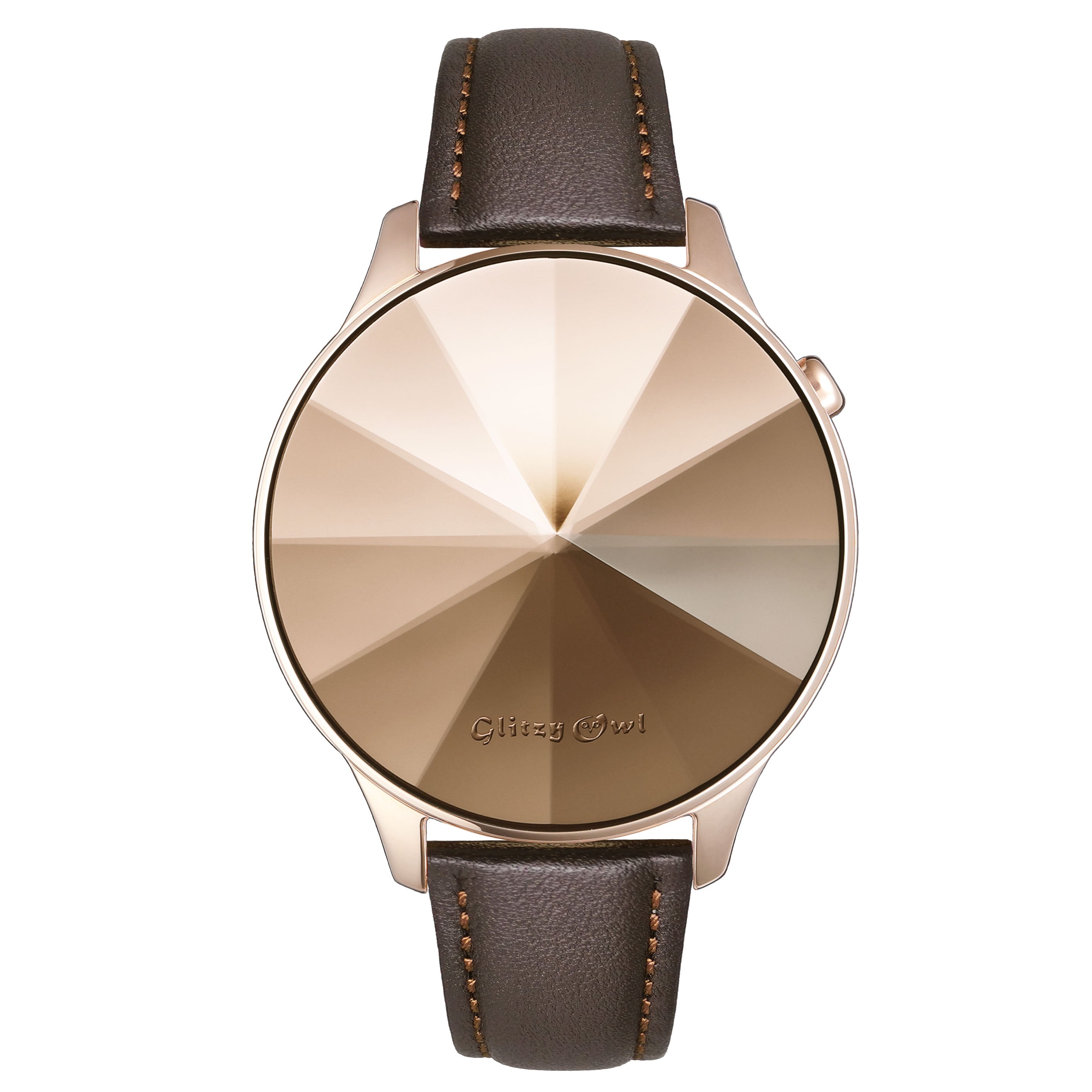 THE DIAMOND系列 - LED玫瑰金色不鏽鋼配啡色真皮帶手錶