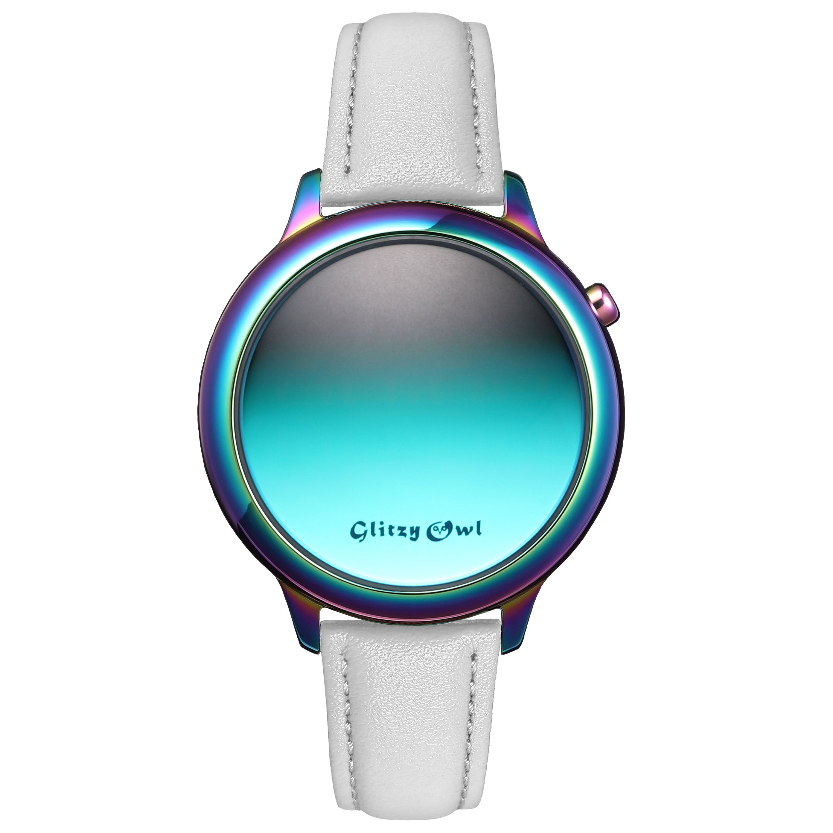 THE BUBBLE LED Iridescent Stainless Steel White Leather Watch