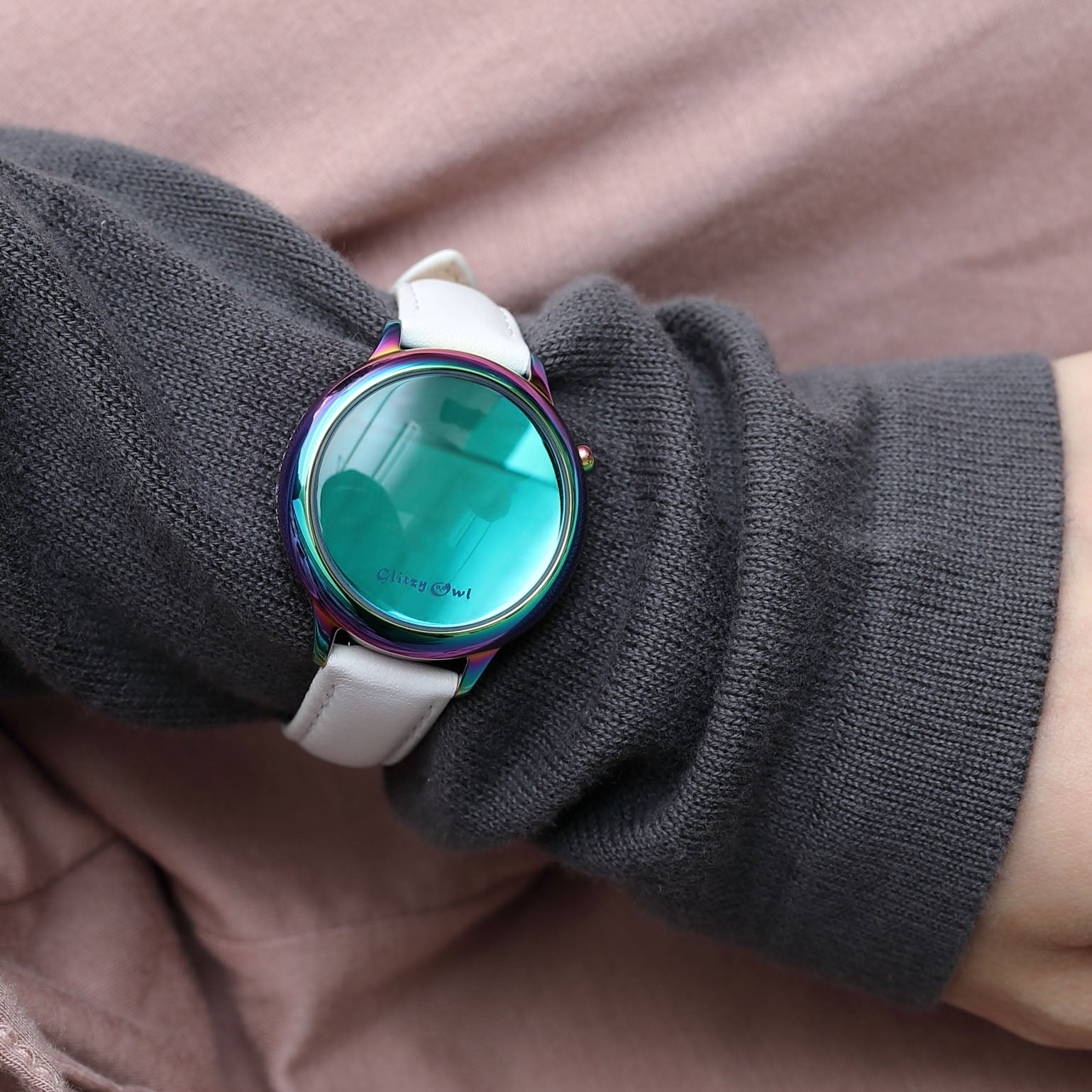THE BUBBLE LED Iridescent Stainless Steel White Leather Watch