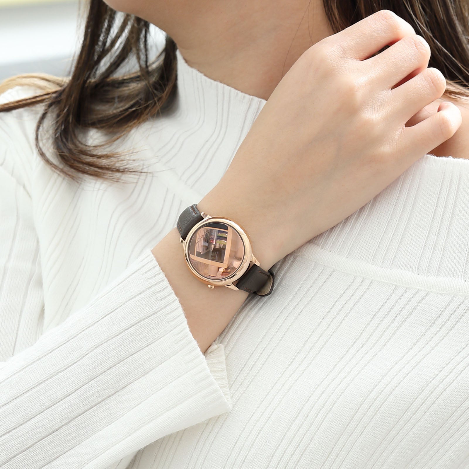 THE BUBBLE LED Rose Gold-Tone Stainless Steel Brown Leather Watch