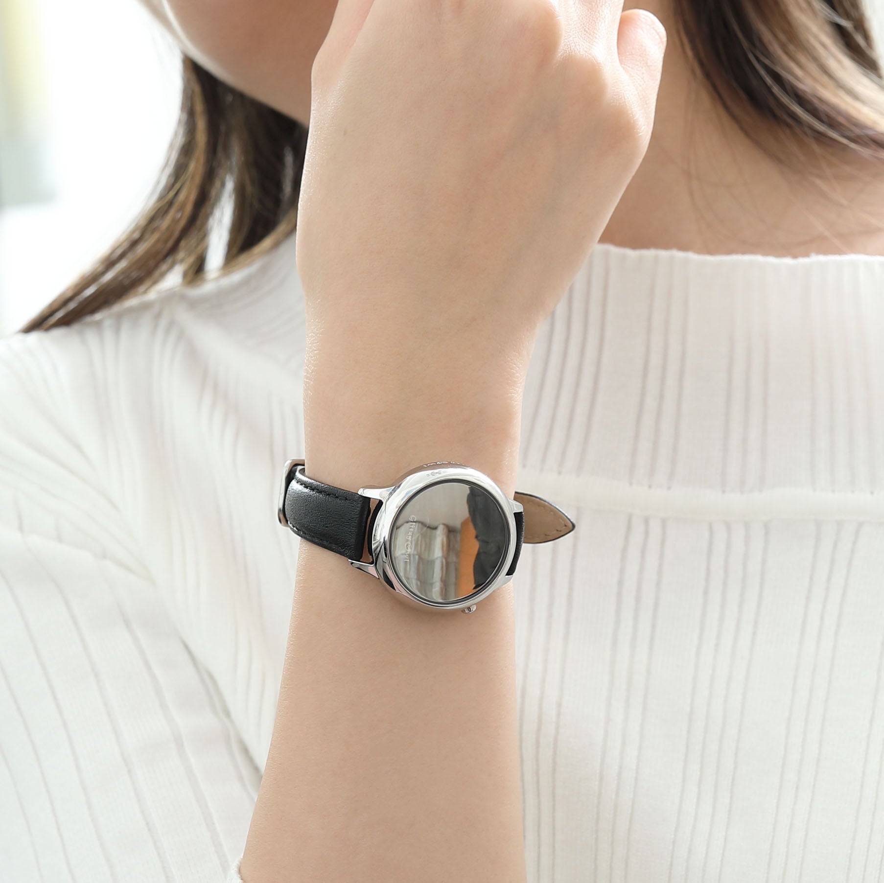 THE BUBBLE LEDスチールカラーステンレス鋼黒色レザーバンド腕時計