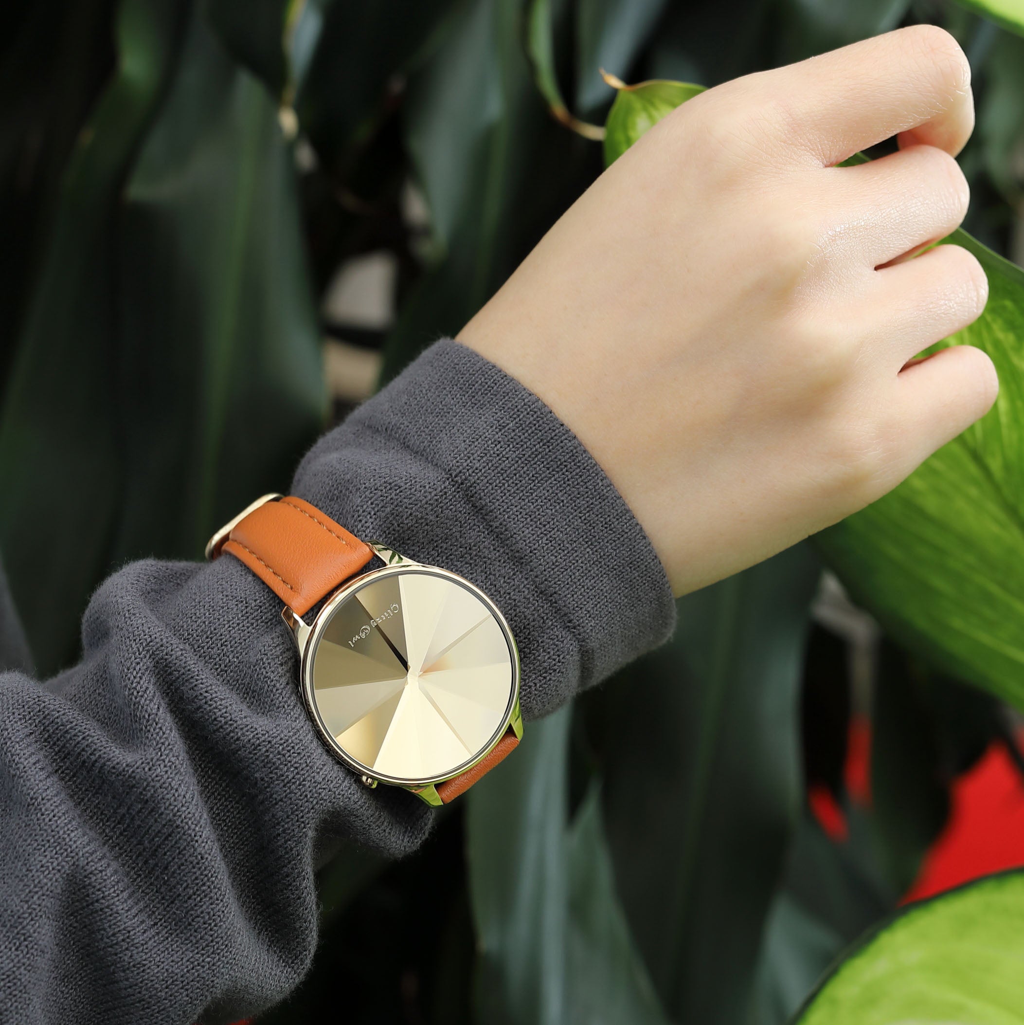 THE DIAMOND LED Gold-Tone Stainless Steel Tan Leather Watch