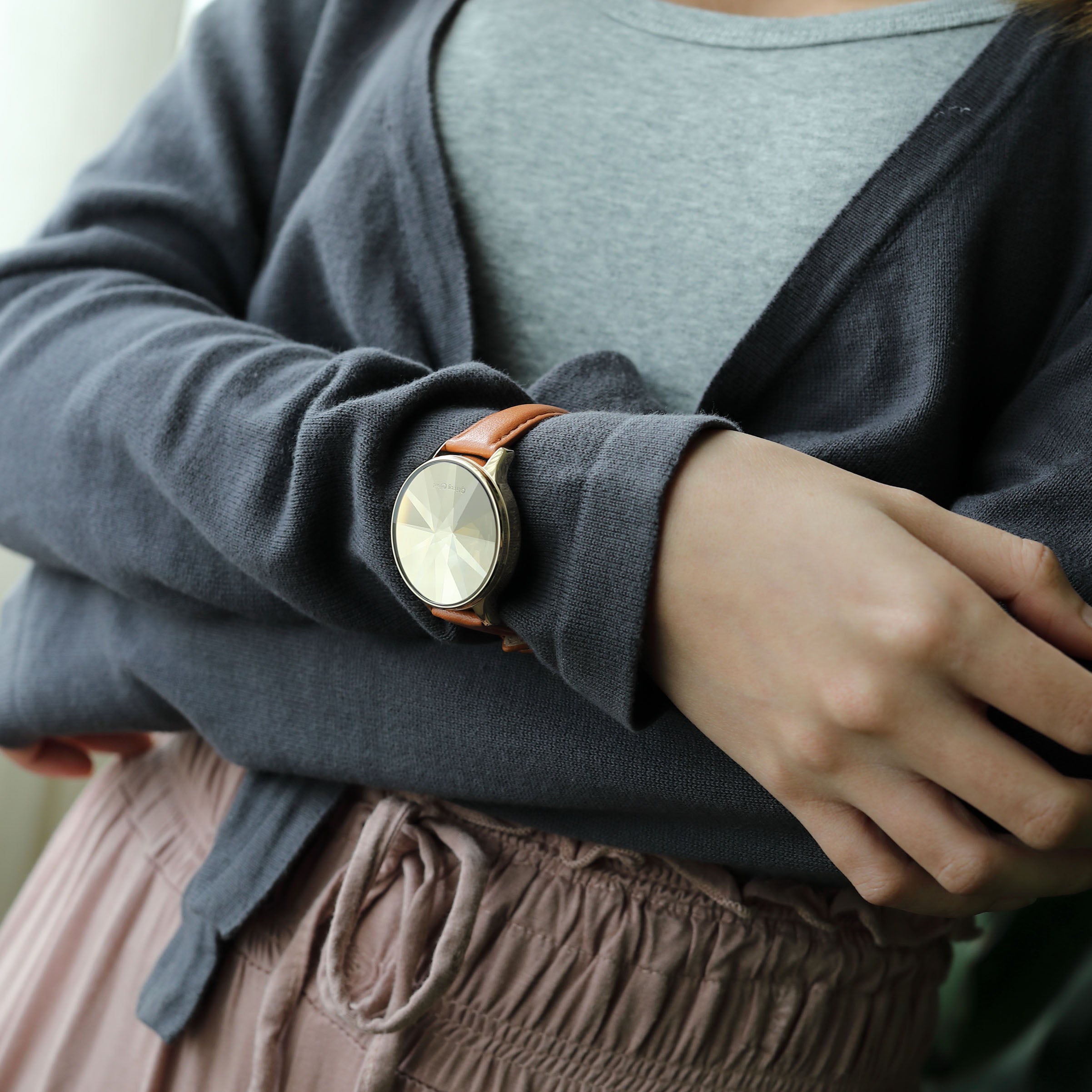 THE DIAMOND LED Gold-Tone Stainless Steel Tan Leather Watch